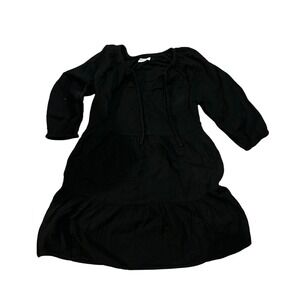SONOMA 100% cotton Womens Black Tiered Midi Dress Tie‎ Neck 3/4 Sleeve Size M
